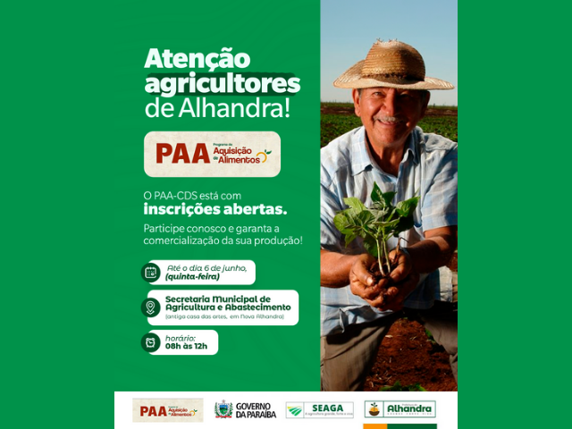 PAA-CDS do Governo do Estado abre Inscrições para Agricultores de Alhandra por meio da Prefeitura de Alhandra 
