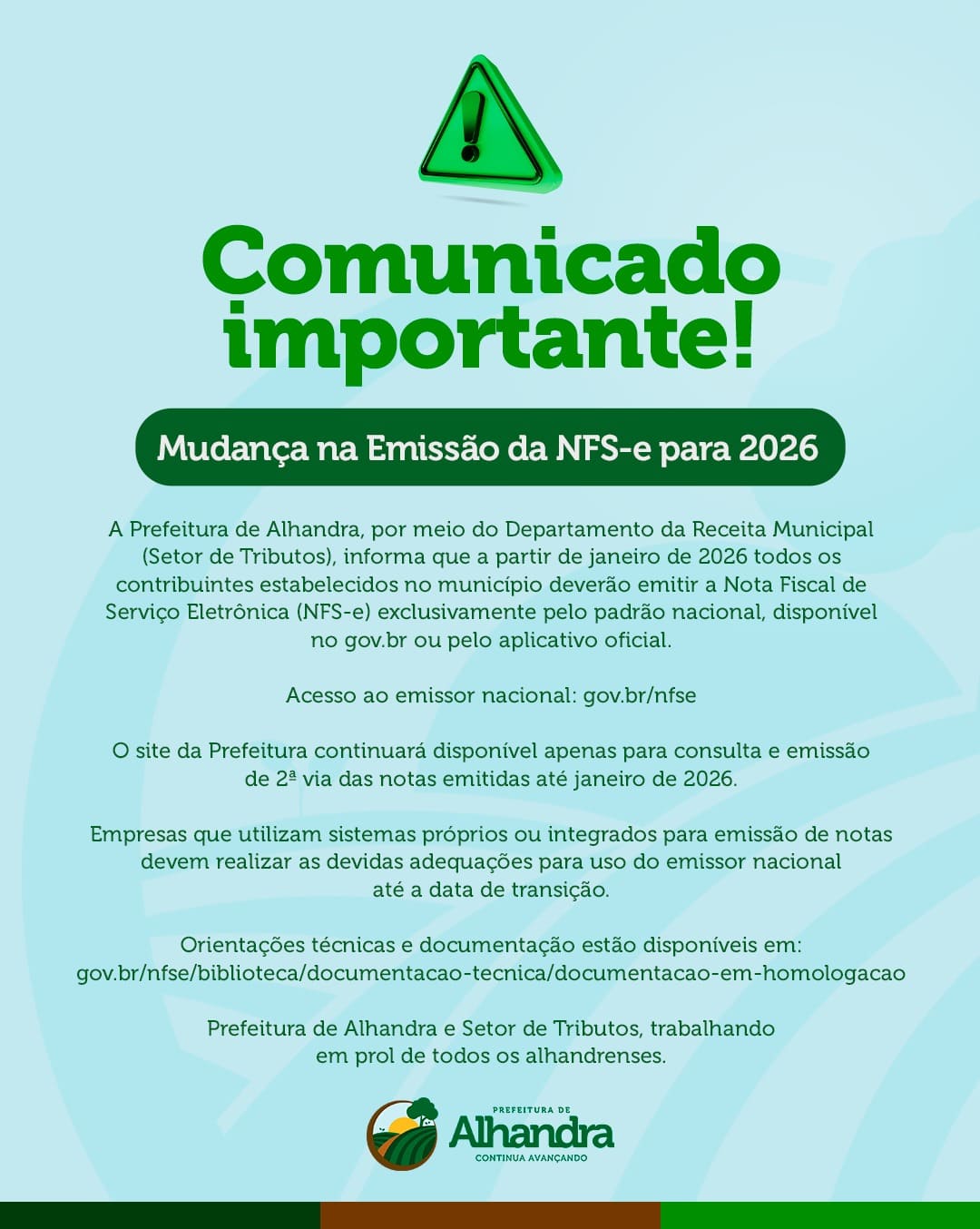 Receita Municipal de Alhandra anuncia migração para o Padrão Nacional de Emissão da Nota Fiscal a partir de 2026 