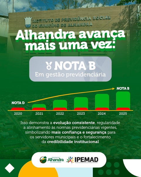 Alhandra registra salto histórico na gestão previdenciária e recebe nota B do Ministério da Previdência 