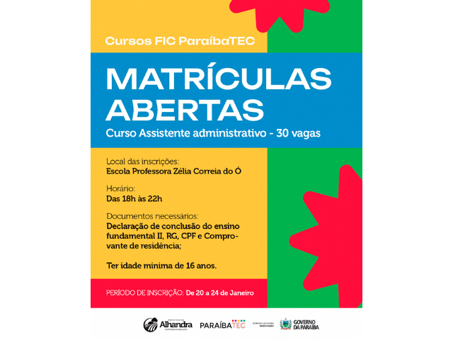 Prefeitura de Alhandra anuncia inscrições para Cursos FIC Paraíba Tec em parceria com o Governo do Estado